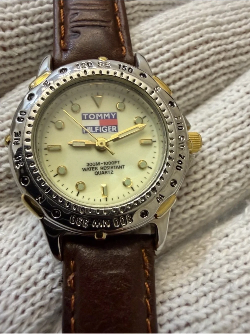 Vintage Tommy Hilfiger Watch 1238 Cream Dial Two Tone Compass Bezel USA Movt 90s